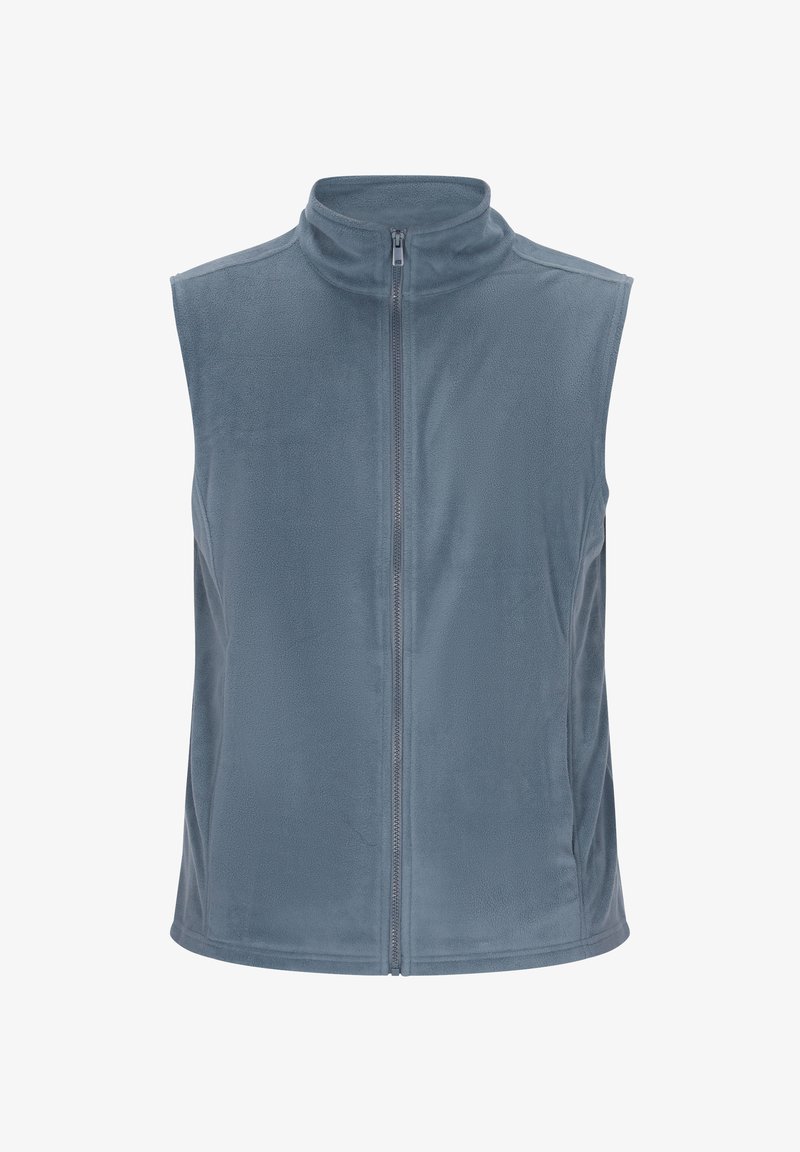 Fleece-Weste in sanftem Blau mit hohem Kragen und durchgehendem Reißverschluss. Verfügt über eine glatte Textur und ärmelloses Design, ideal zum Layering.
