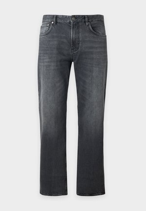 Schwarze ausgebleichte Jeans mit geradem Bein, Vordertaschen und Knopfverschluss, dargestellt auf weißem Hintergrund.