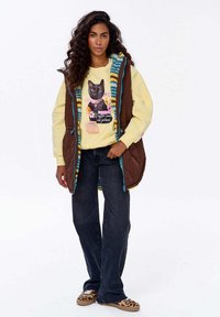 Pruun kootud vest teal- ja kollaste triipudega voodriga, kantud kollase särkide üle, milles on musta kassi graafika, kokku sobitatud tumedate teksadega.