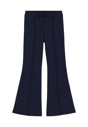 Marineblå flarebukser med detaljer i sømmen foran og en tætsiddende taljelinning, lavet af et glat stof.