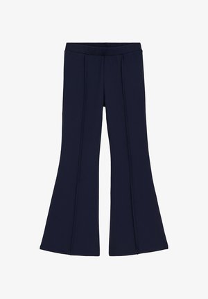 Pantaloni evazați bleumarin, cu detalii de cusături frontale și talie ajustată, confecționați dintr-un material neted.