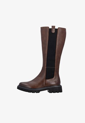 Braune Lederstiefel bis zum Knie mit einem schwarzen dehnbaren Einsätze. Robuste strukturierte Sohle mit einem kleinen Absatz und einer Zuglasche an der Oberseite.