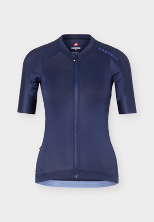 Navyblauwe korte mouwen fietstrui met volledige rits aan de voorkant en de tekst "CASTELLI" op de rechter schouder, aangesloten ontwerp.