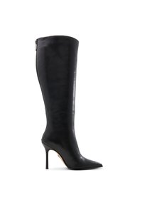Stivale in pelle nero al ginocchio con tacco a stiletto, punta affusolata e zip posteriore su sfondo bianco, vista laterale.