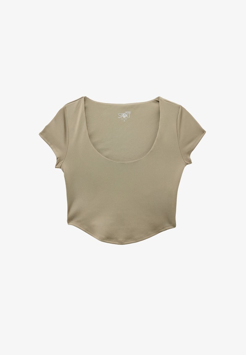 Olivgrön kortärmad T-shirt i slät tyg, med korta ärmar och en bred, rundad halsringning samt en rundad nederkant.
