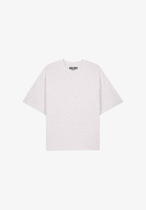 Hellgraues, übergroßes T-Shirt mit kurzen Ärmeln, rundem Halsausschnitt und "MIRA PARIS" Aufdruck im inneren Kragen.