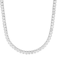Collana in tono argento con una fila continua di pietre rotonde trasparenti e scintillanti, uniformemente incastonate, creando un design liscio ed elegante.