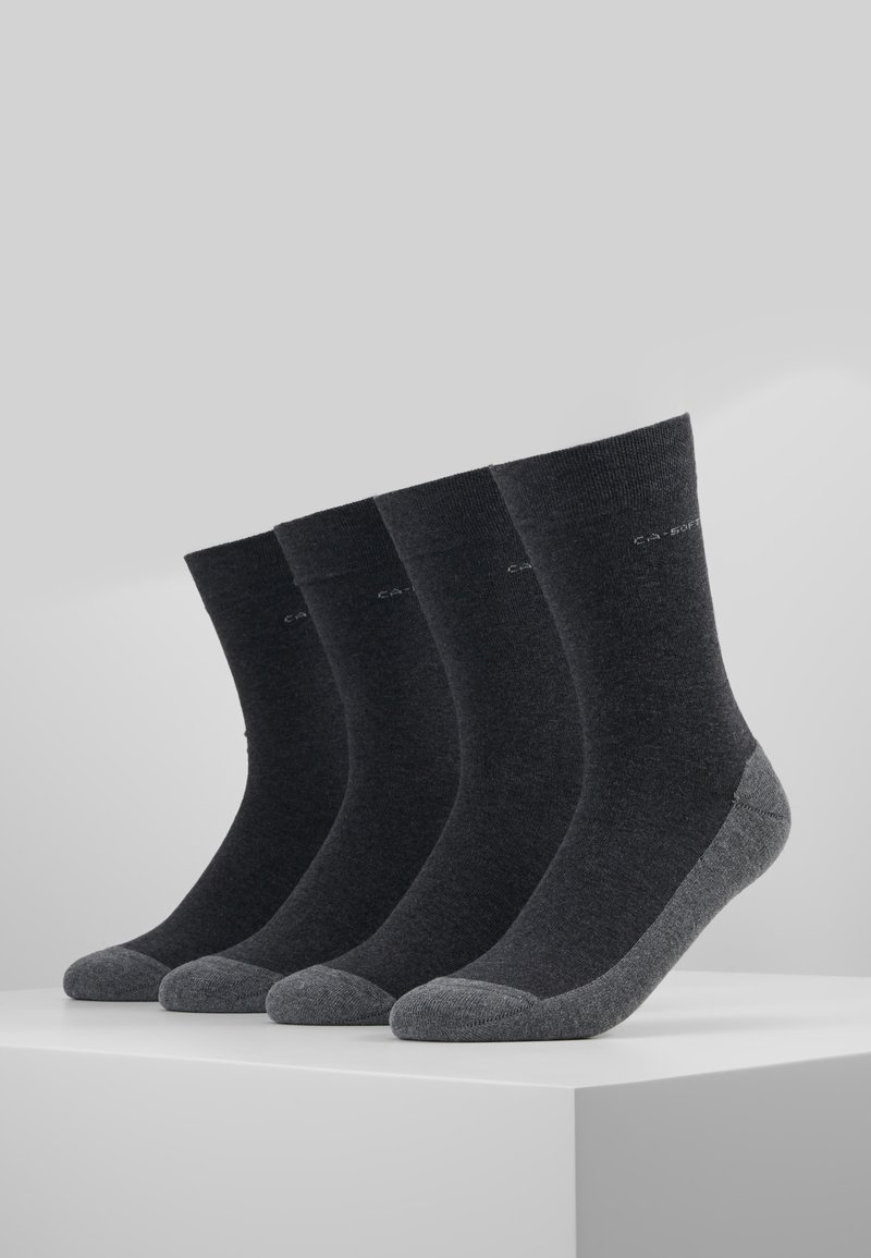 Vier Paare dunkelgrauer Baumwollsocken mit einem mittelhohen gerippten Bund, verstärktem Fersen- und Zehenbereich sowie kontrastierenden hellgrauen Akzenten an den Zehen.