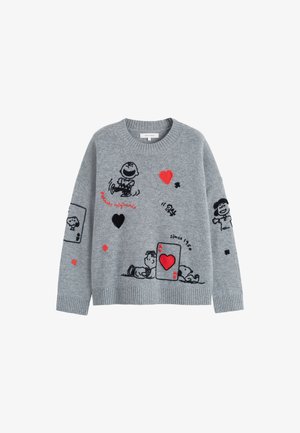 Maglione grigio a maglia con personaggi dei cartoni animati ricamati in nero e rosso, cuori e motivi di carte da gioco. Collo tondo e orli a coste.