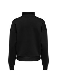 Sweat-shirt noir avec col montant, coupe ample, épaules tombantes et poignets côtelés. Fabriqué dans un tissu doux sans motifs visibles.