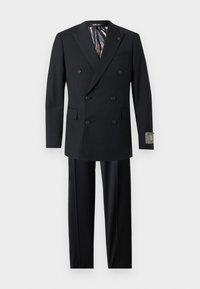 Μαύρο διπλόκουμπο κοστούμι με έξι κουμπιά, πέτο με εγκοπές, δύο μπροστινές τσέπες, εσωτερική φόδρα με ζέβρα μοτίβο και ταιριαστό παντελόνι.