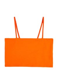Orange bomulds crop top med tynde stropper. Har et ensfarvet design, rektangulær form og glat tekstur, velegnet til afslappet brug.
