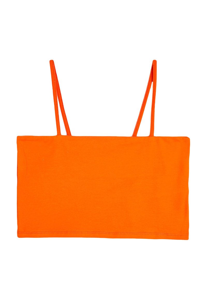 Orange bomulds crop top med tynde stropper. Har et ensfarvet design, rektangulær form og glat tekstur, velegnet til afslappet brug.