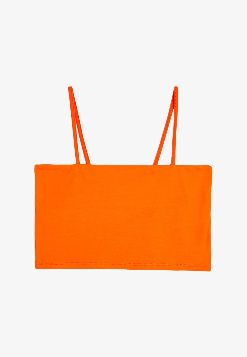 Orange cotton crop top with thin straps. Features a plain design, rectangular shape, and smooth texture, suitable for casual wear.