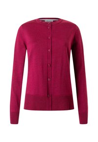 Fuksia neulecardigan pitkillä hihoilla, pyöreällä kaula-aukolla ja napilla edessä. Sileä pinta, jossa ribbireunat ja hihansuut, valmistettu pehmeästä materiaalista.