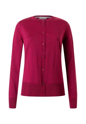 Fuchsia Cardigan mit langen Ärmeln, rundem Halsausschnitt und Knopfleiste. Glatte Textur mit geripptem Saum und Bündchen, aus weichem Material gefertigt.