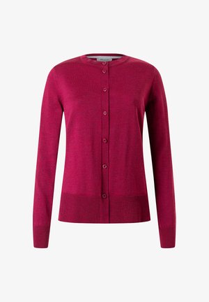 Fuchsia cardigan with long sleeves, round neckline, and button front. Smooth texture with ribbed hem and cuffs, made from soft material.