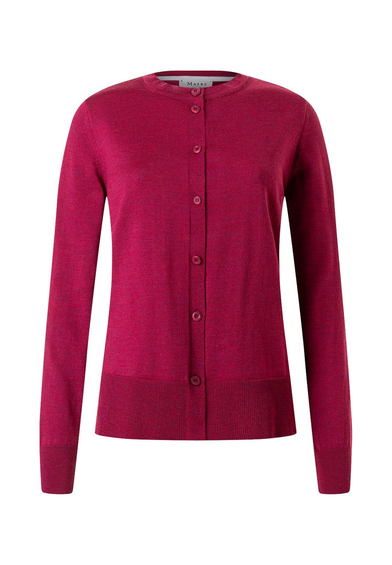 Fuksia neulecardigan pitkillä hihoilla, pyöreällä kaula-aukolla ja napilla edessä. Sileä pinta, jossa ribbireunat ja hihansuut, valmistettu pehmeästä materiaalista.