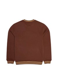 Brauner Sweatshirt mit Rundhalsausschnitt, gerippten Bündchen und Saum, der einen gestreiften Akzent in hellbraun aufweist. Glatte Stofftextur, keine Drucke.