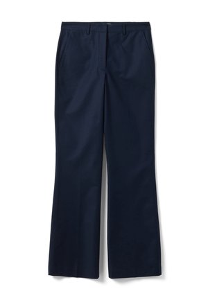 Pantaloni blu navy scuro a gamba dritta con tasche laterali, passanti per cintura e chiusura frontale con zip, distesi su sfondo bianco.