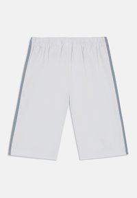 White shorts with a smooth texture, elastic waistband, and gray side stripes, featuring a loose fit and straight cut.