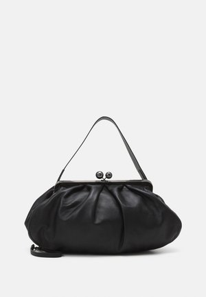 Black leather handbag with a rounded, pleated design. Features a metallic clasp with two decorative balls and a slim, detachable strap.
