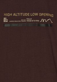 Texte sur tissu marron : "HAUTE ALTITUDE OUVERTURE BASSE", "ÉQUIPEMENT HORS SERVICE", "ÉDUCATION PHYSIQUE & ENTRAÎNEMENT", "223 F.U.T HALO", chiffres, et un graphique blanc de la silhouette d'une ville.