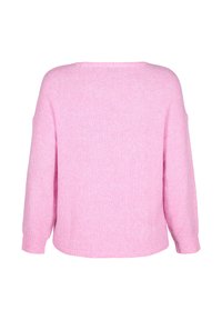 Rosa stickad tröja med långa ärmar, vid näck och en avslappnad passform. Tyget är mjukt och har ett melerat mönster genom hela.
