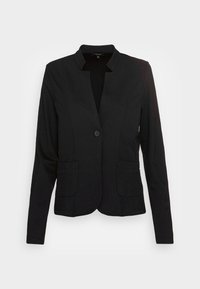 Blazer noir avec un design sans col, fermeture à un bouton et deux poches avant. Fabriqué en tissu lisse avec des détails de couture subtils.