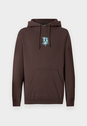 Brown hoodie with front pouch pocket, drawstring hood, and small blue graphic logo centered on the chest against a white background.