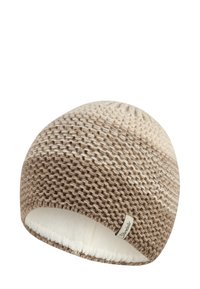 Knitted beanie in brown and cream tones with a soft inner lining, featuring a folded cuff and a small brand label on the side.