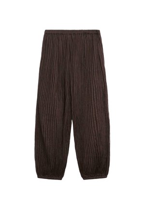 Dark brown, crinkled loose-fit pants with elastic waistband and elastic cuffs, displayed flat on a white background.