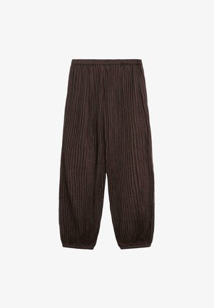 Pantalon ample brun foncé froissé avec taille élastique et poignets élastiques, présenté à plat sur fond blanc.