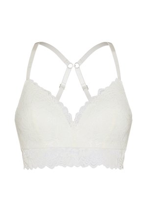 Weißes Spitzen-Bralette mit gezackten Kanten, verstellbaren doppelten Schultergurten, die sich hinten in einem Doppellring treffen, und floralem Spitzenmuster.