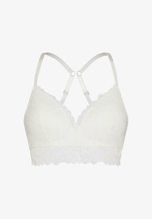 Witte kanten bralette met geschulpte randen, verstelbare dubbele schouderbanden die aan de achterkant samenkomen in een dubbele ring, en een bloemenkantpatroon.