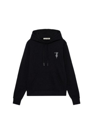 Sweatshirt à capuche noir en mélange de coton. Il possède une poche avant et un petit logo brodé blanc sur la poitrine gauche.