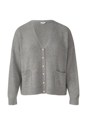 Grijze gebreide cardigan met een V-hals, lange mouwen en twee voorzakken. Heeft knopen aan de voorkant en een geribde zoom.
