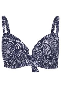 Top de bikini azul-marinho com padrões brancos de flores e folhas, copas moldadas, alças ajustáveis e detalhe de laço na frente.