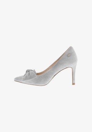 Light gray suede high-heeled pump with pointed toe, decorative bow on front, and small metallic emblem on outer side.