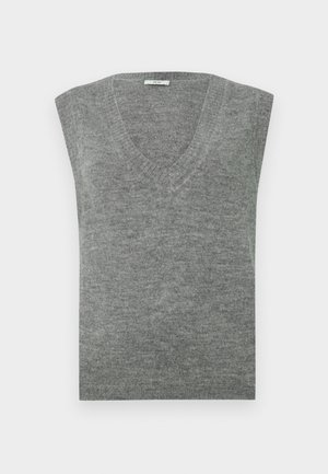 Pull gris sans manches en V, confectionné dans un matériau doux avec une texture lisse et un col côtelé. Design simple, sans motifs ni accents.