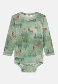 Žalias ilgų rankovių kūdikių bodysuit'as su miško ir elnių atvaizdais, turintis peties ir apačios užsegimus su snapeliais.