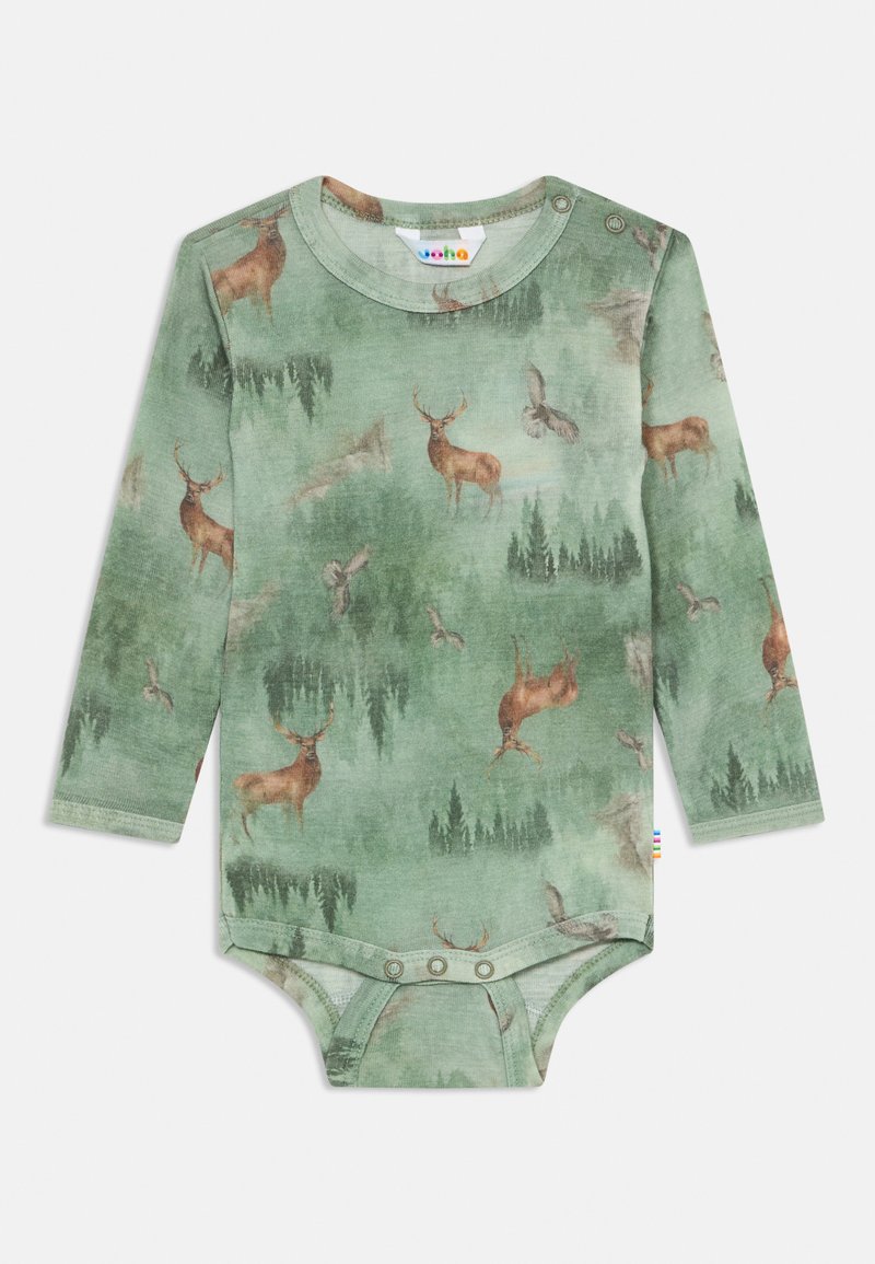 Žalias ilgų rankovių kūdikių bodysuit'as su miško ir elnių atvaizdais, turintis peties ir apačios užsegimus su snapeliais.