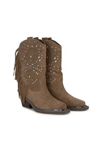 Stivali da cowboy in suede marrone con intricate decorazioni in turchese e argento. Presentano dettagli frangiati, punta appuntita e tacco quadrato.