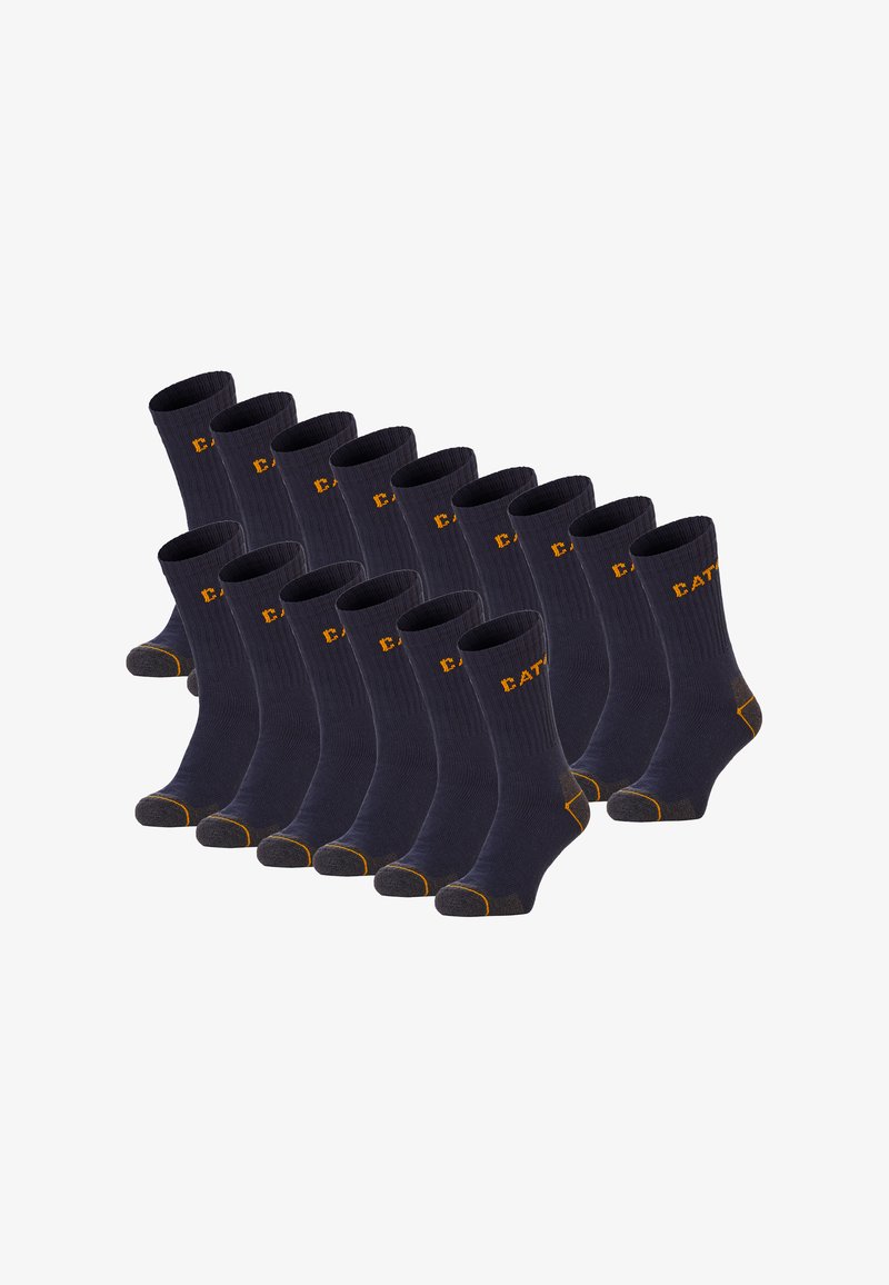 Chaussettes bleu marine foncé dans un paquet de douze, avec une texture côtelée, logo orange et accents contrastants au niveau du talon et des orteils en gris.