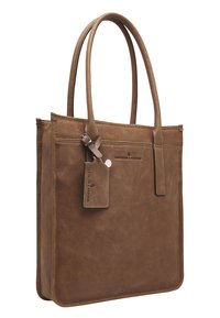 Braune Leder-Tasche mit glatter Textur, doppelten Handgriffen oben und einem angehängten Anhänger. Merkmale geprägt Branding auf der Vorderseite. Rechteckige Form.
