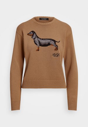 Brązowy sweter z dzianiny z dużą grafiką jamnika z przodu i małymi haftowanymi inicjałami "RLL" poniżej psa.