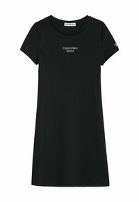 Černé šaty s krátkým rukávem vyrobené z měkké bavlny, s kulatým výstřihem a nápisem "Calvin Klein Jeans" v bílé barvě na hrudi.