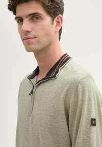 Junger Mann mit kurzem, lockigem Haar, der einen hellgrauen Pullover mit marineblauem und orangefarbenem gestreiftem Kragen trägt, leicht nach links gewandt vor einem schlichten Hintergrund.