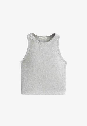 Bez rękawów, jasnoszary, prążkowany krótki top z okrągłym dekoltem, pokazany na płasko na białym tle.