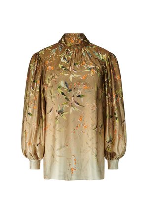 Long-sleeve blouse with high neck, puffed sleeves, and floral pattern in green, orange, and beige tones on a shiny fabric.